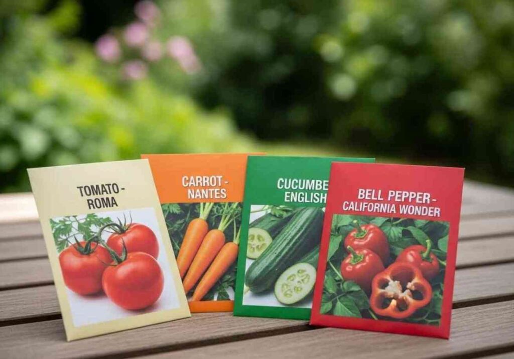 Front view of vegetable seed packets labeled Tomato – Roma and Carrot – Nantes on a wooden table with garden plants in the background.