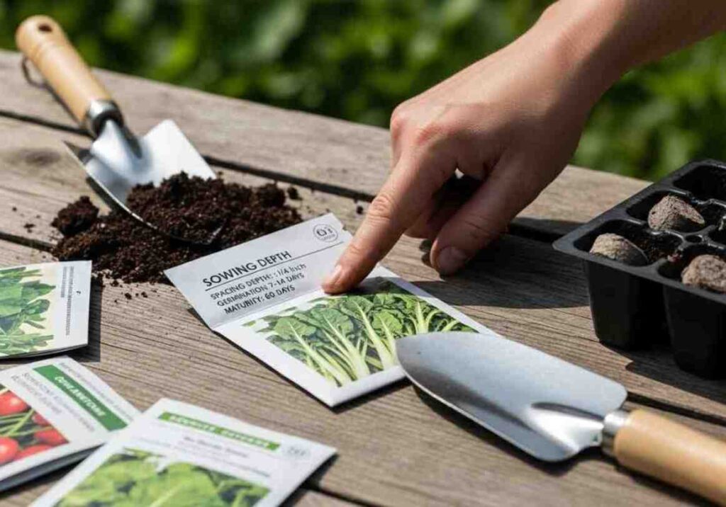 Back side of a vegetable seed packet showing planting depth, spacing, and germination details, with gardening tools on a wooden table in natural light – How to Read a Seed Packet.