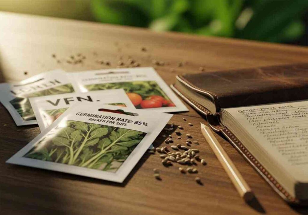 “Close-up showing How to Read a Seed Packet with details like germination rate, packed-for date, and disease resistance codes, alongside seeds and tools on a wooden table.”