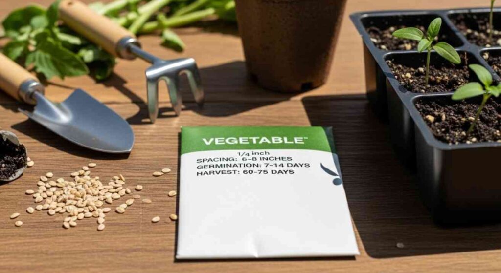 Quick Reference Seed Packet Checklist – back of a vegetable seed packet showing planting depth, spacing, germination rate, and days to harvest details with gardening tools and seeds.
