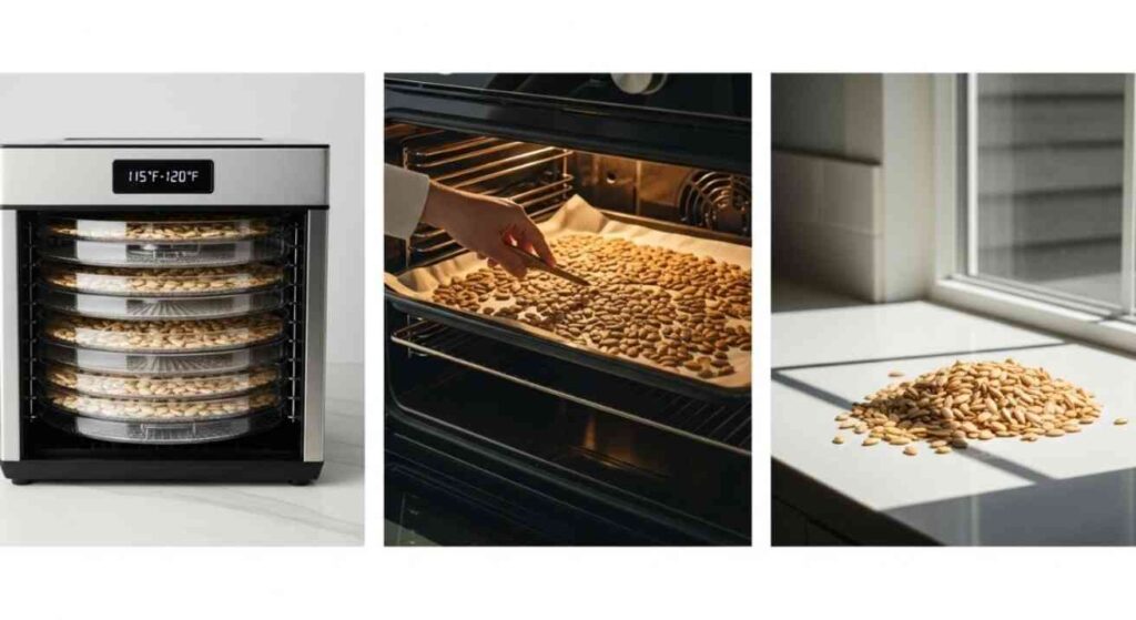 Recommended temperatures for drying pumpkin seeds – dehydrator at 115–120°F, oven at 150–200°F, and seeds air drying on a tray.