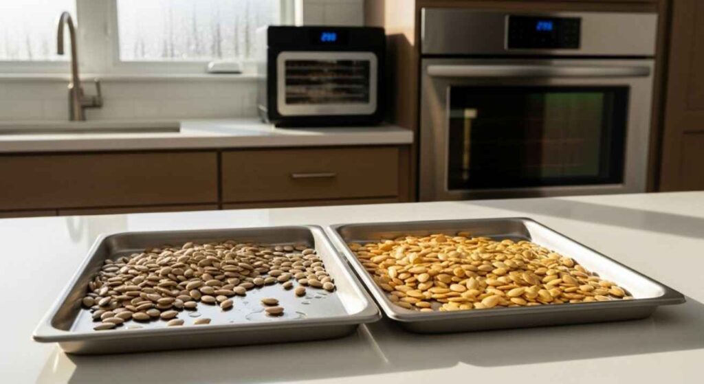 Factors that affect how to long to dehydrate pumpkin seeds – moisture content, seed size, climate, and equipment shown with seeds, oven, and dehydrator.