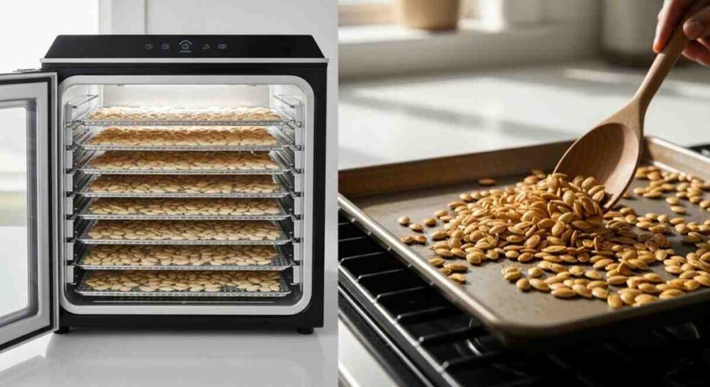 Comparison of dehydrator vs oven for drying pumpkin seeds – trays of seeds in a food dehydrator beside an oven baking sheet.