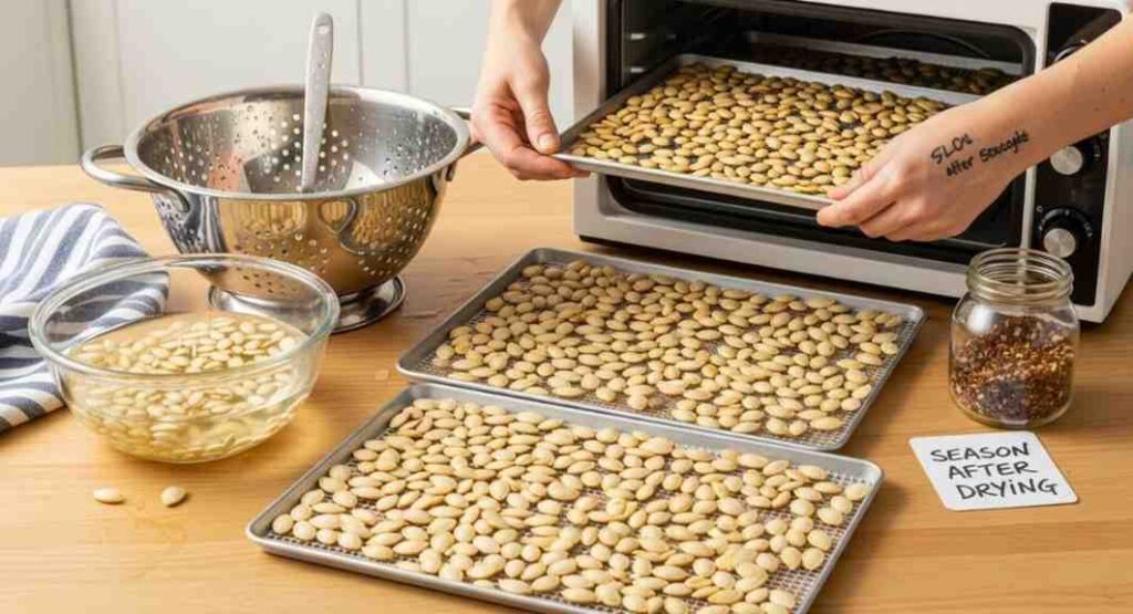 Step-by-step method for dehydrating pumpkin seeds – rinsing, soaking, spreading on trays, drying in dehydrator or oven, and seasoning after drying.