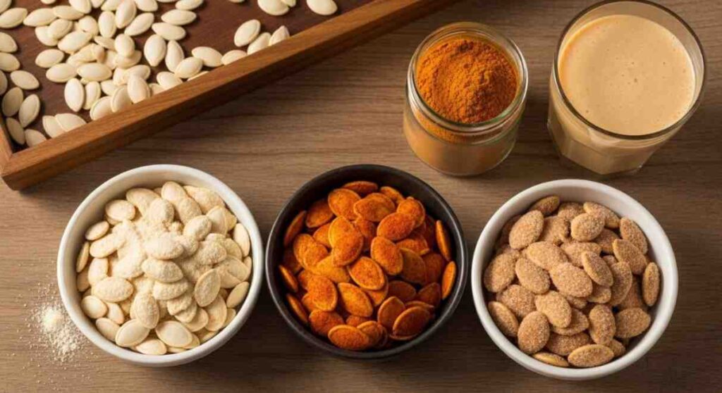 Extra tips and variations for dehydrated pumpkin seeds – flavored with garlic, paprika, cinnamon sugar, and ground into pumpkin seed powder for smoothies or baking.