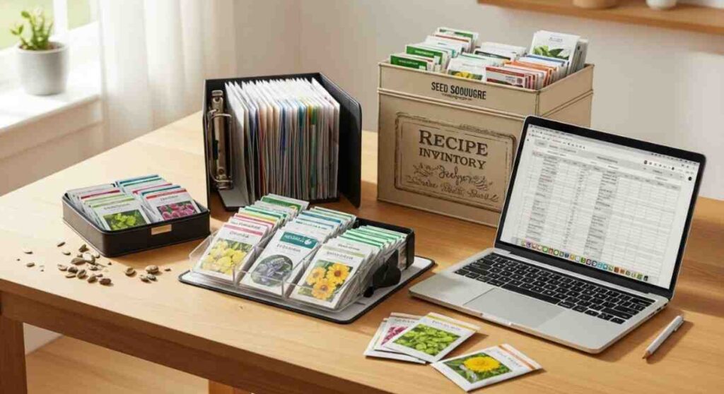 How to organize seeds using photo cases, binders, and recipe boxes with labels, alongside a digital seed catalog spreadsheet on a laptop.