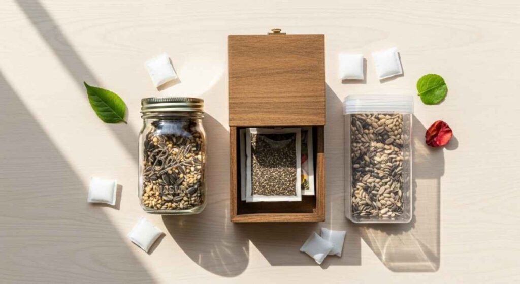 How to organize seeds with airtight jars, wooden boxes, and plastic containers showing labeled seed packets stored in a cool, dry place.