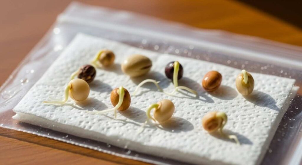 How to organize seeds by testing germination with 10 seeds on a damp paper towel sealed in a resealable bag showing tiny sprouts.