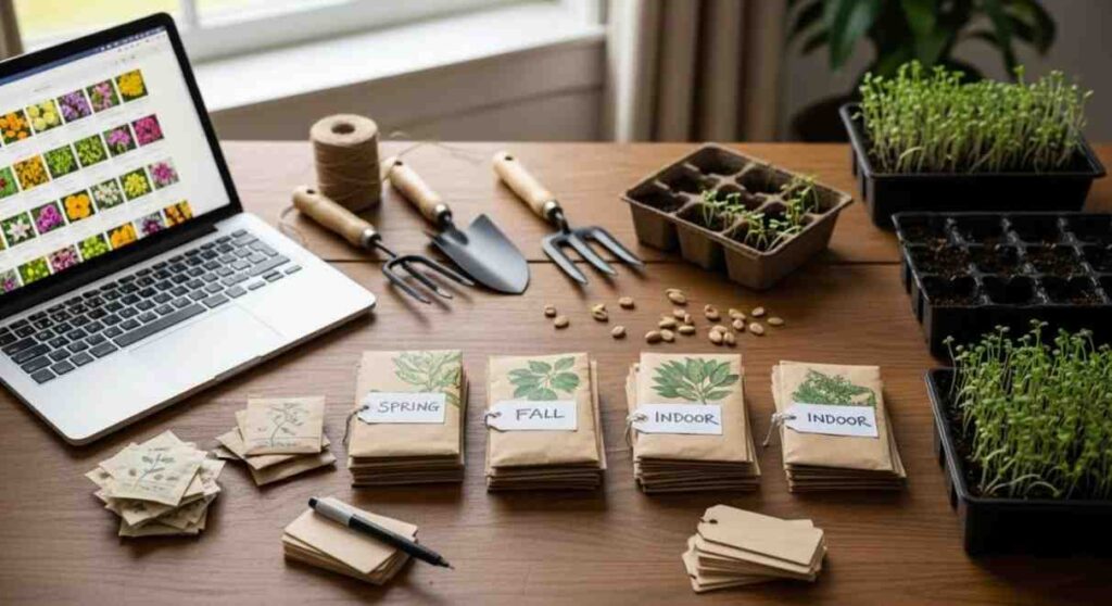 How to organize seeds by seasonal workflow with labeled piles for spring, fall, and indoor planting, starter trays, and a seed catalog spreadsheet.