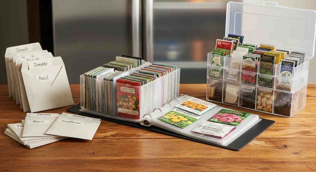 How to organize seeds for different collection sizes using envelopes for minimalists, binders for hobby gardeners, and photo cases with fridge storage for large collections.