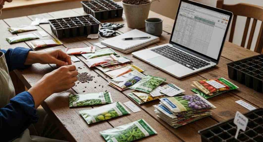 How to organize seeds with an annual audit by discarding expired packets, testing low-viability seeds, and updating a seed inventory spreadsheet.