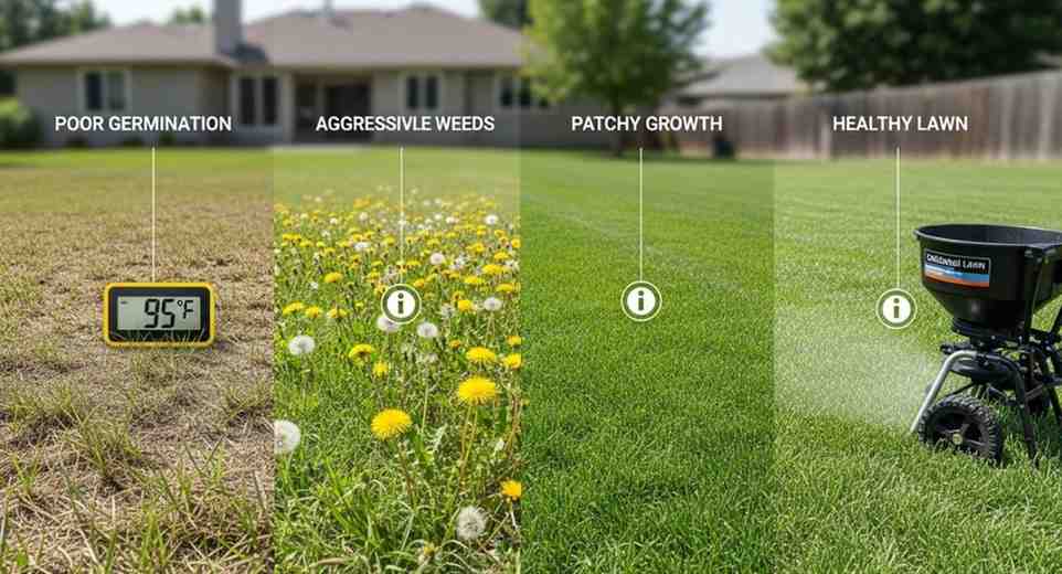 Troubleshooting overseeding problems such as poor germination, weeds, patchy growth, and showing correct lawn care results