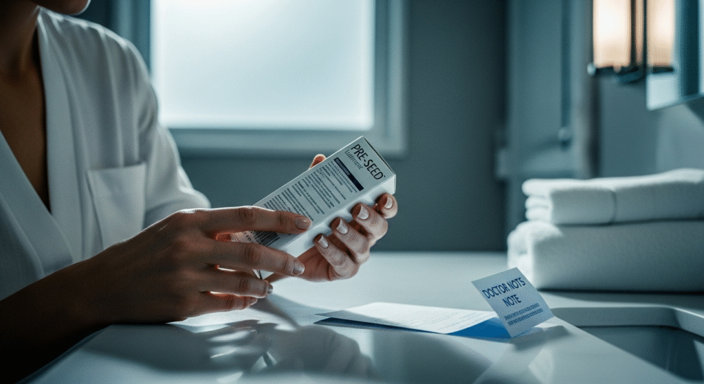Woman reading instructions on a Pre Seed lubricant box near a doctor’s note, showing Pre Seed Lubricant How to Use safely and avoid irritation or misuse.