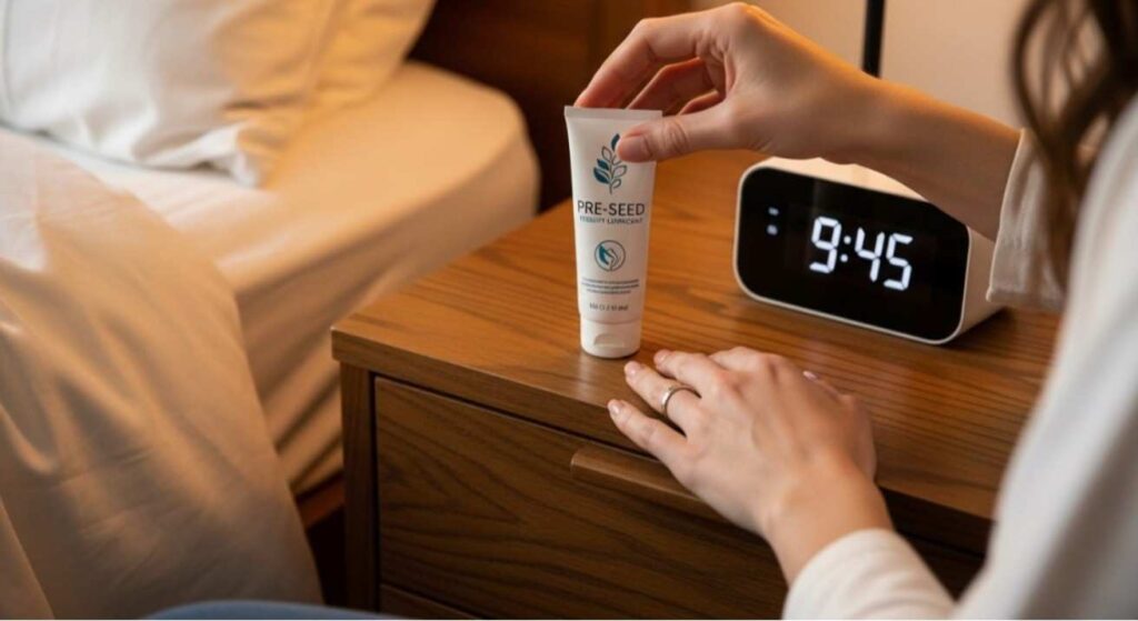 Woman placing Pre Seed lubricant on a bedside table near a clock, illustrating Pre Seed Lubricant How to Use correctly before intimacy to support conception.