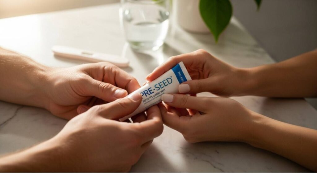 Couple’s hands holding Pre Seed lubricant tube on a clean bathroom counter, showing sperm-friendly and pH-balanced design for natural conception.