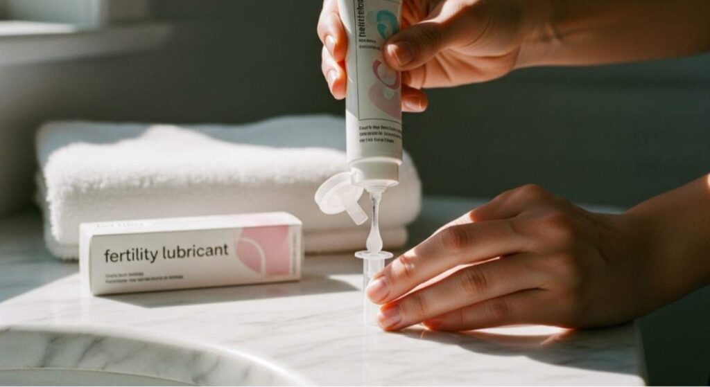 Woman applying the correct 2–3 grams of Pre Seed lubricant into an applicator on a clean counter, showing Pre Seed Lubricant How to Use safely and hygienically.