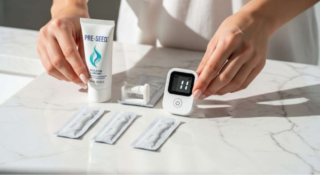 Woman organizing a Pre Seed lubricant kit with ovulation tracker and clean applicators, illustrating Pre Seed Lubricant How to Use correctly for best fertility results.