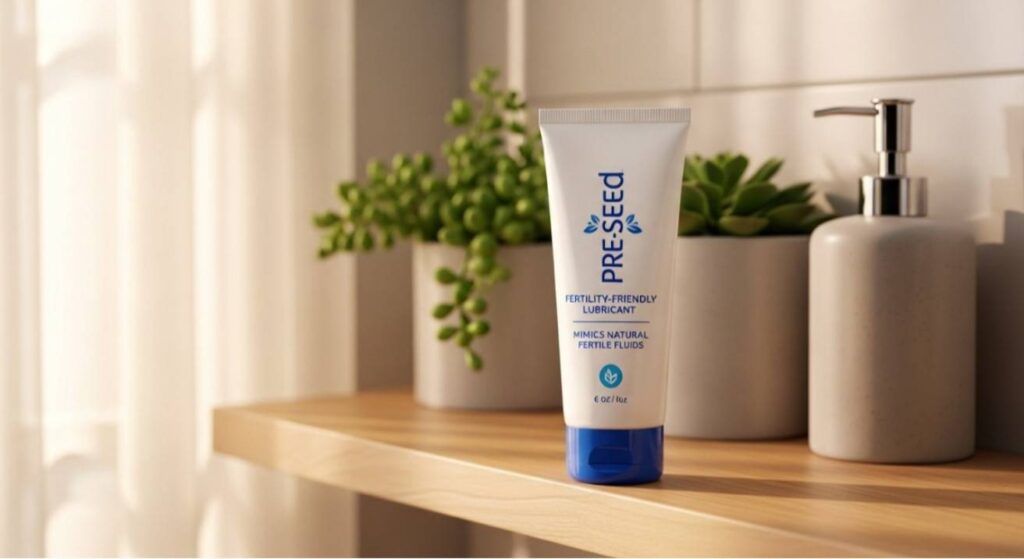 Pre Seed lubricant tube stored upright on a shelf away from sunlight, illustrating Pre Seed Lubricant How to Use and store safely for freshness.