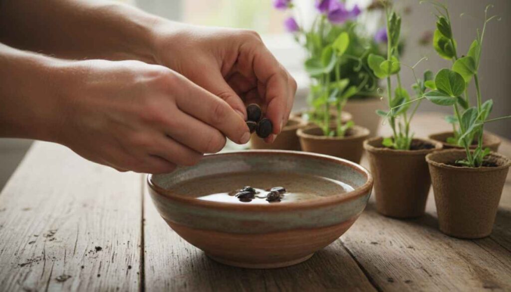 Gardener soaking sweet pea seeds in water to show how long to soak sweet pea seeds for faster germination and healthy growth.