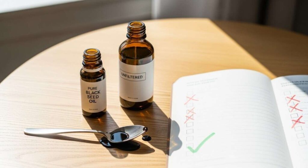 Realistic photo showing common mistakes to avoid with black seed oil, like overuse, skipping doses, and choosing unfiltered products.