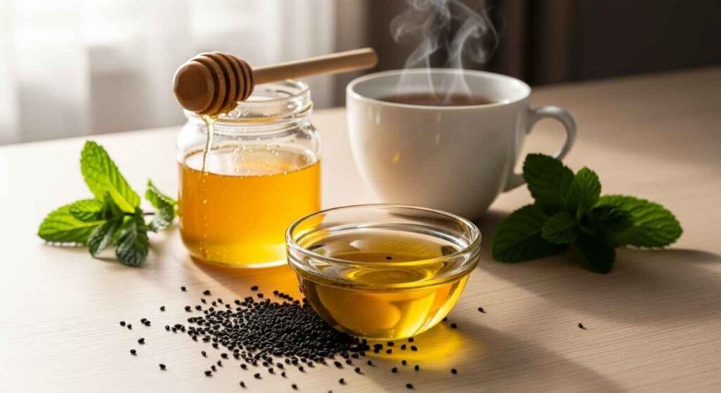Realistic photo of black seed oil in a glass bowl with Nigella sativa seeds, honey, and herbal tea on a wooden table — symbolizing daily black seed oil use for health benefits.