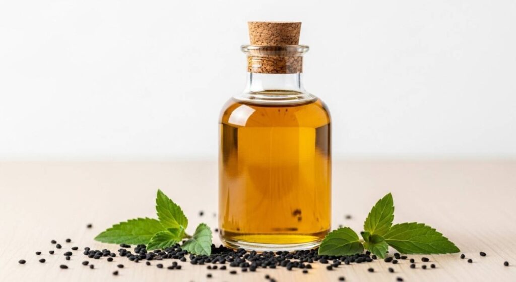 Realistic photo of black seed oil bottle with Nigella sativa seeds on a wooden surface, showing natural antioxidants and health benefits for immunity and wellness.