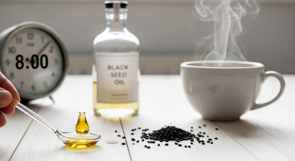 Realistic morning scene with black seed oil bottle, teaspoon dose, and cumin seeds showing ideal daily routine for safe black seed oil use.