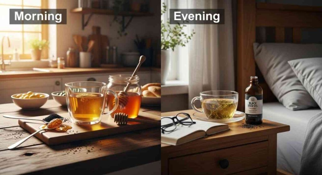 Realistic morning and evening scenes showing the best time to take black seed oil for energy, digestion, and restful sleep.