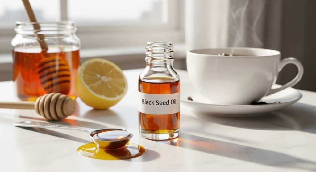 Realistic photo showing how much black seed oil to take per day, with ½ to 1 teaspoon dosage on a spoon beside a bottle for daily health use.