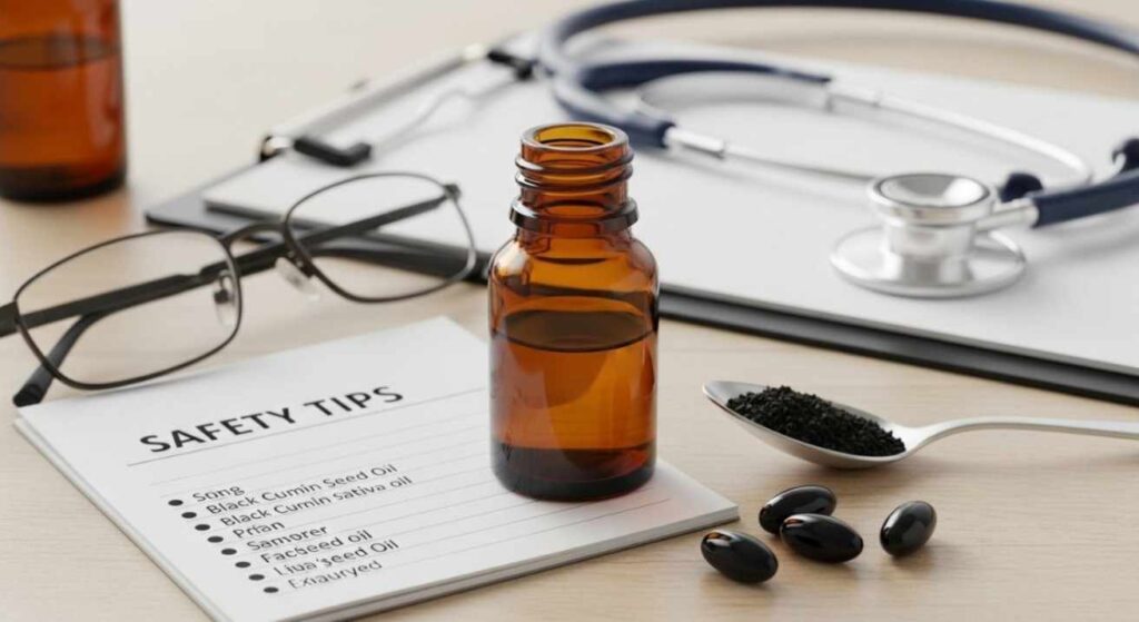 Realistic photo showing black seed oil safety tips with a doctor’s note and dosage guide, highlighting safe daily use and precautions.