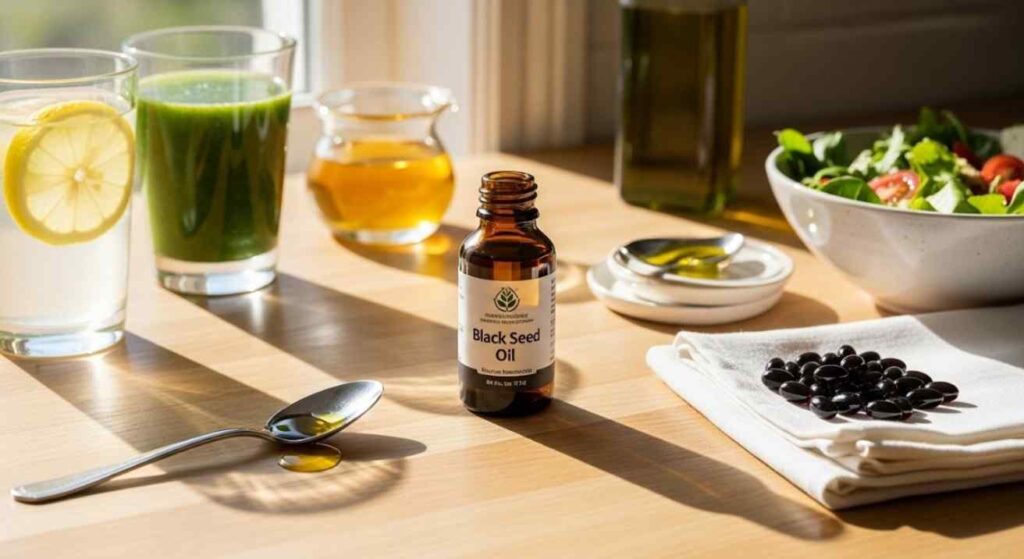 Realistic photo showing how to add black seed oil into your daily routine with water, honey, smoothies, salad, and capsules.