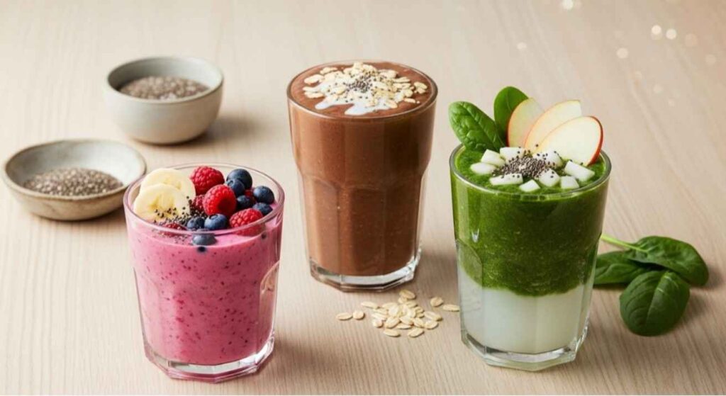 Three realistic smoothies showing how to add chia seeds to smoothie — banana berry, chocolate oats, and green detox recipes in clear glasses.