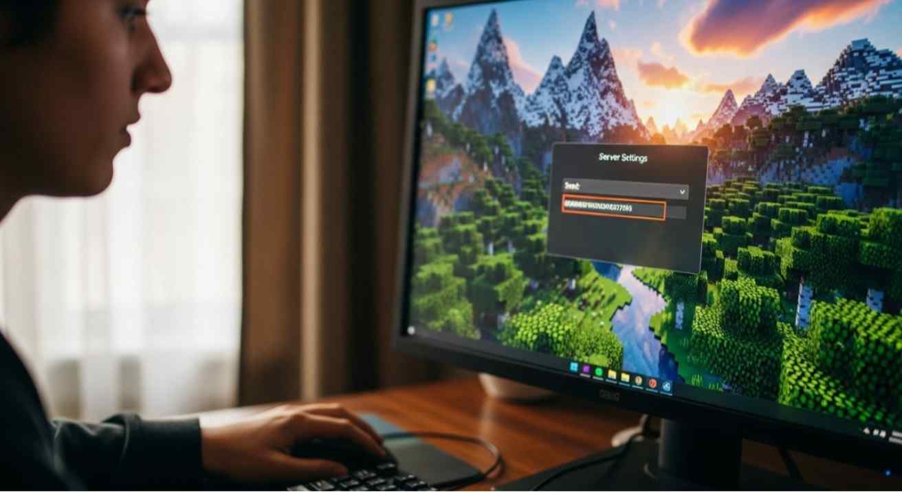 Realistic image of a player changing Minecraft server seed on a computer to generate a new world with mountains and forests.