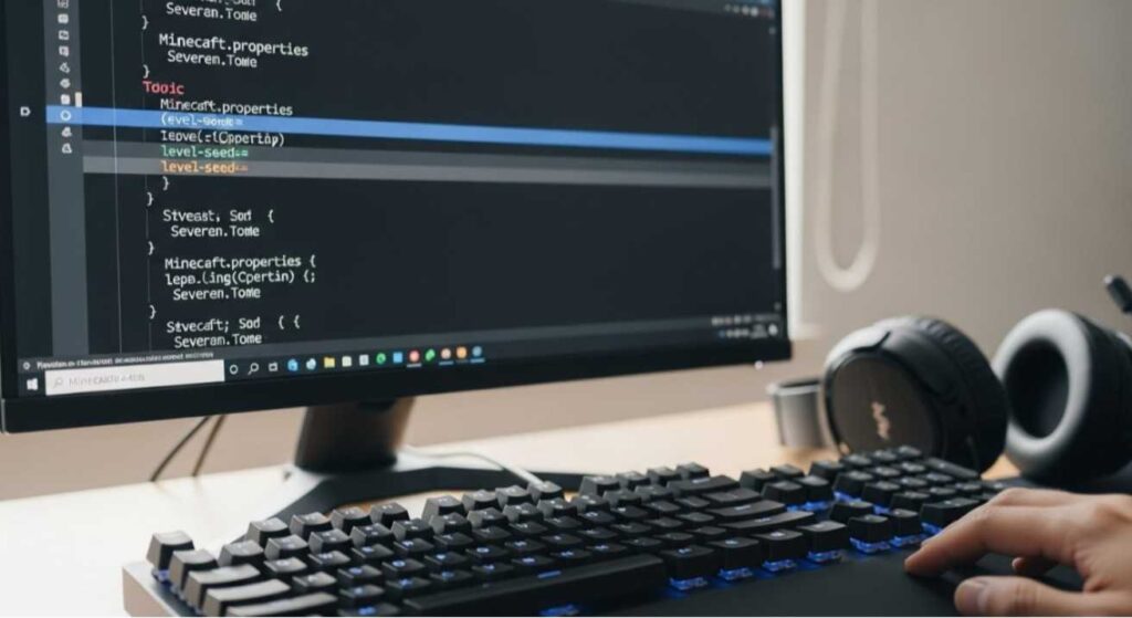 Person editing the server.properties file to change the level-seed in Minecraft — showing how to change Minecraft server seed realistically.