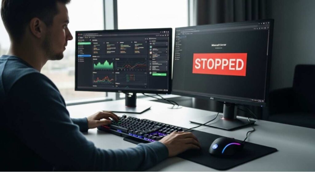 Person managing a Minecraft server on a computer with server status stopped before editing the world seed, realistic and well-lit setup.