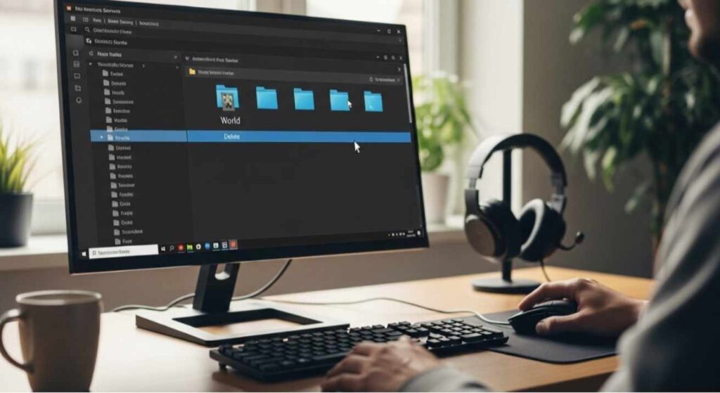 Person deleting the old Minecraft world folder to apply a new seed — showing how to change Minecraft server seed effectively.