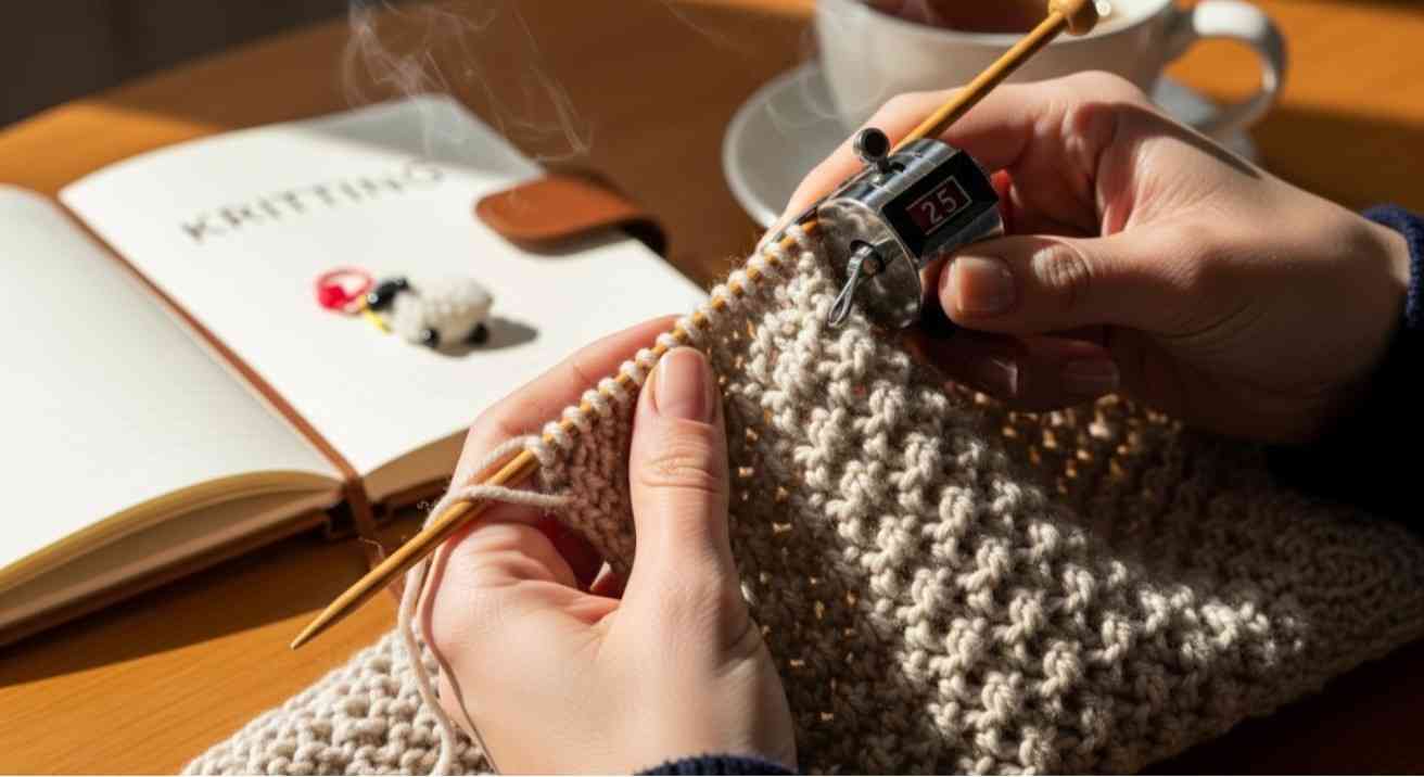 Hands counting seed stitch rows on beige knitted fabric using a row counter and stitch markers, showing clear seed texture and knitting tools.