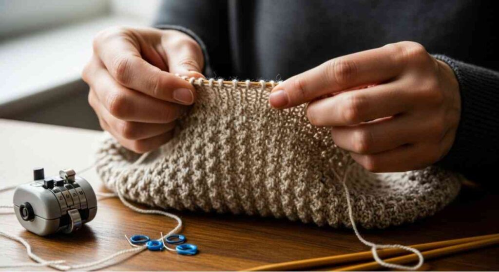 Knitter examining beige seed stitch fabric closely to count rows, showing bumps, row counter, and tools on a wooden table under soft natural light.