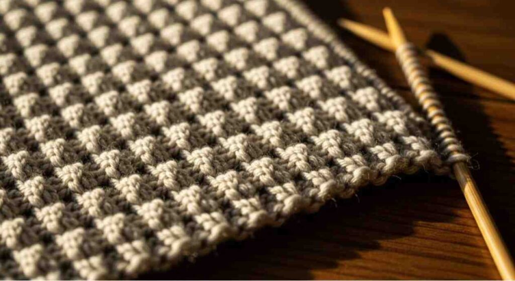 Close-up of beige seed stitch fabric showing small knit and purl bumps with bamboo needles on a wooden table under natural light.
