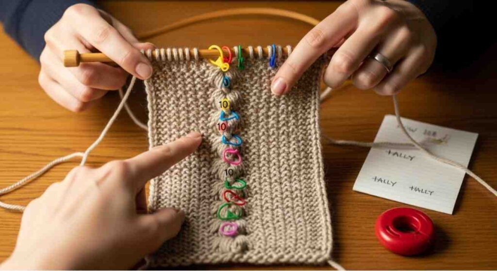 Top-down close-up of hands counting a vertical column of bumps on beige seed stitch fabric with stitch markers and bamboo needles on a wooden table.