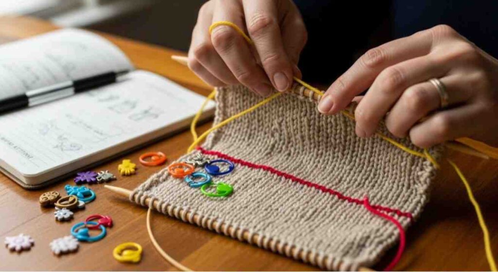 Hands threading a contrasting yarn lifeline through beige seed stitch fabric with colorful stitch markers and bamboo needles on a wooden table.