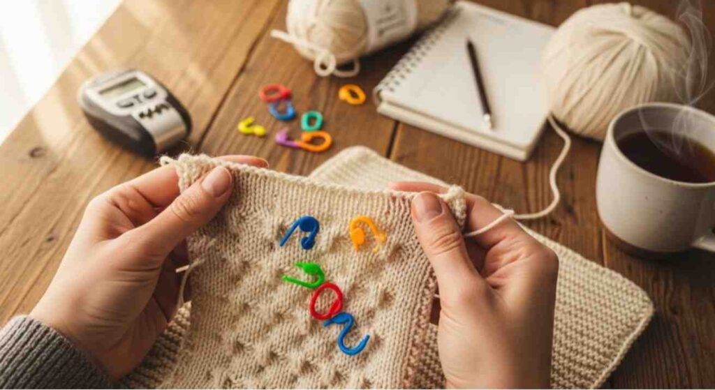 Knitter checking seed stitch fabric for counting mistakes with uneven bumps and misplaced stitch markers on a wooden table.