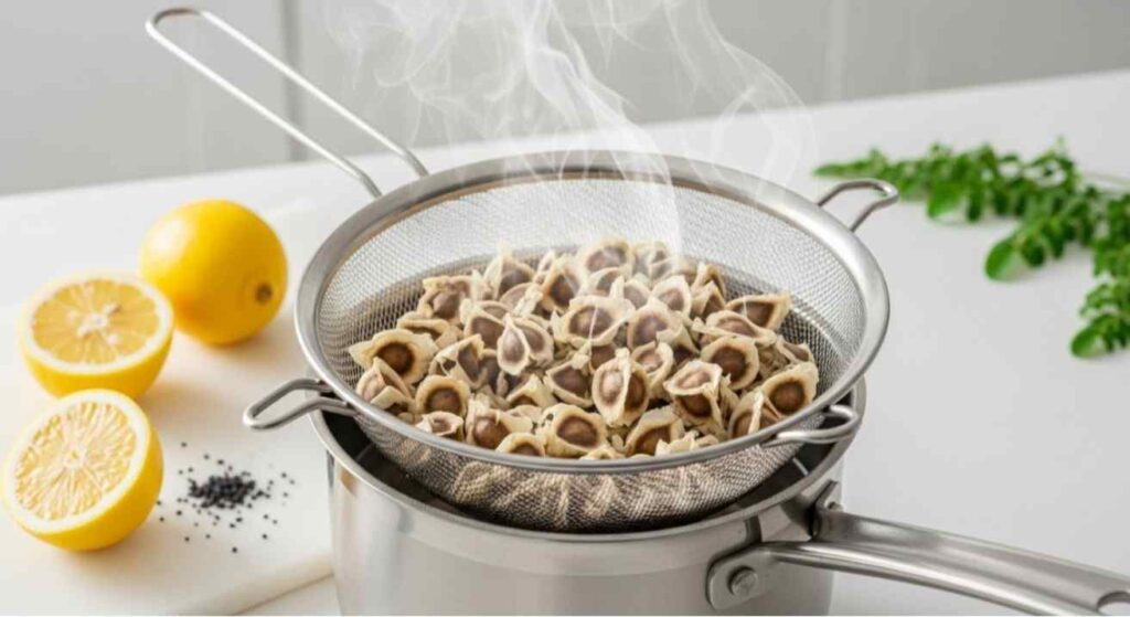 Freshly boiled moringa seeds being drained with lemon and salt nearby, showing how to eat moringa seeds safely with a mild flavor.