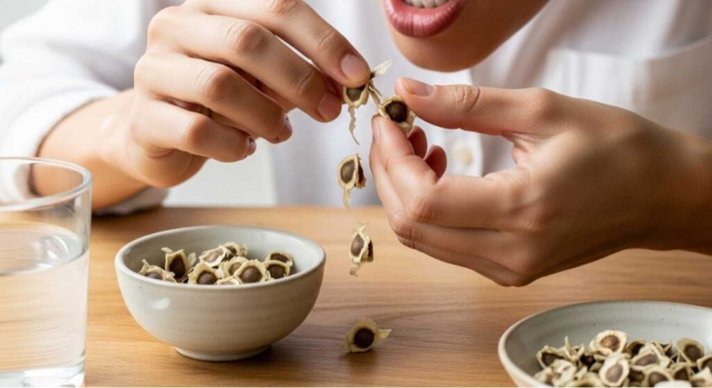 Person peeling and eating raw moringa seeds beside a bowl and glass of water, showing how to eat moringa seeds safely and naturally.