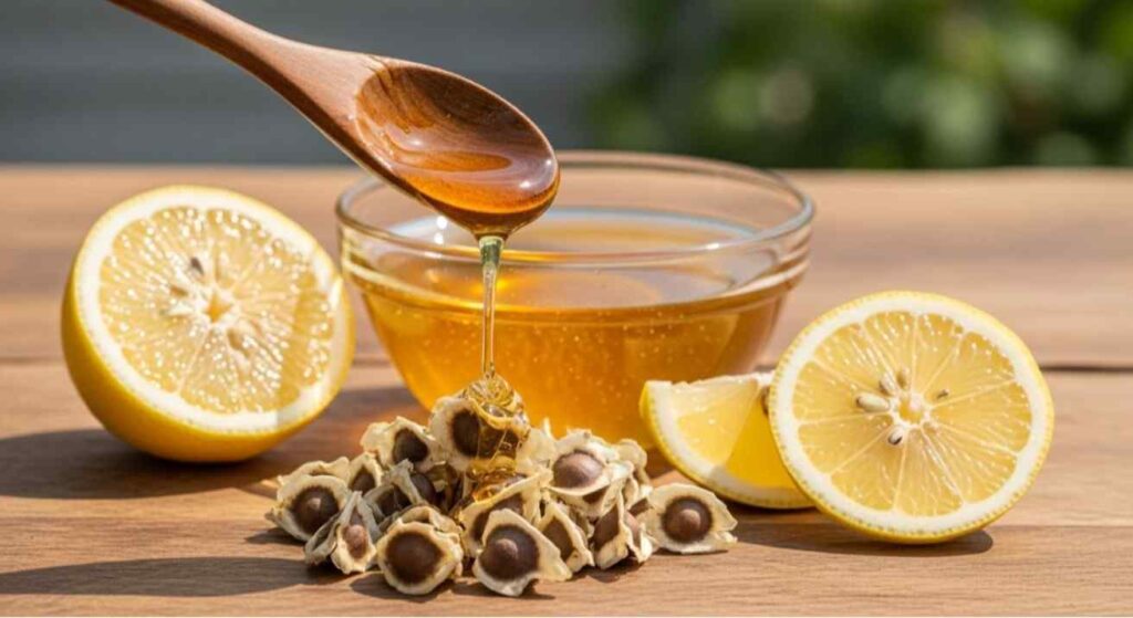 Moringa seeds served with honey and lemon on a wooden table, showing how to eat moringa seeds naturally for better taste and digestion.