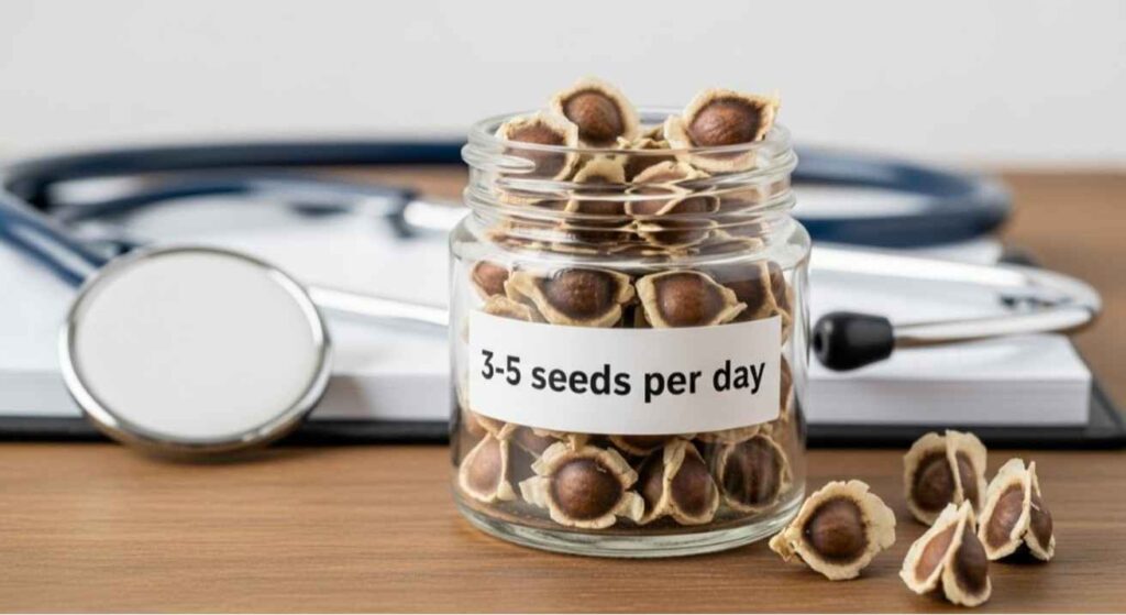 Glass jar of a moringa seed with a small note about daily limit, showing how to eat moringa seed safely and in moderation for health. 
