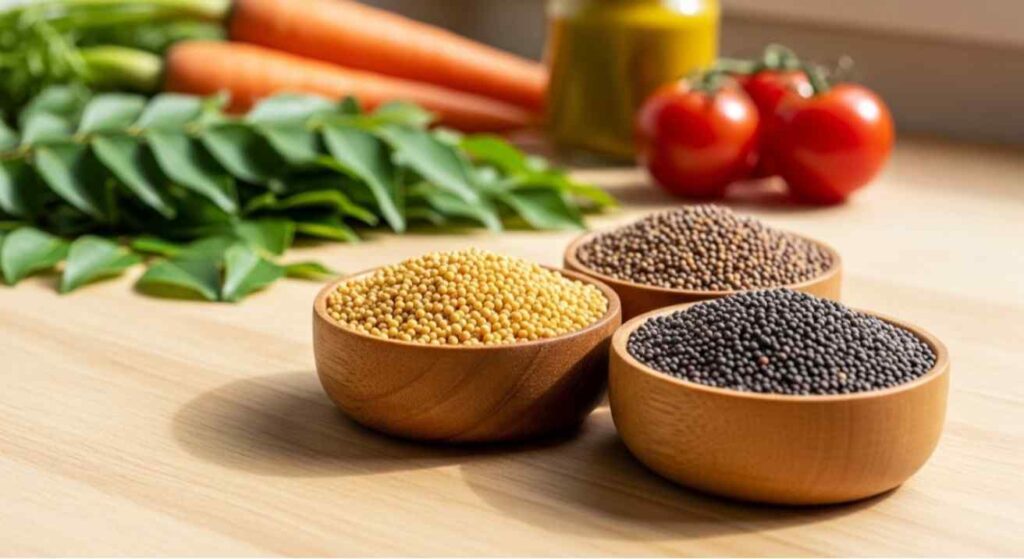 How to Eat Mustard Seeds shown through yellow, brown, and black mustard seeds in bowls displaying their types and common culinary uses.