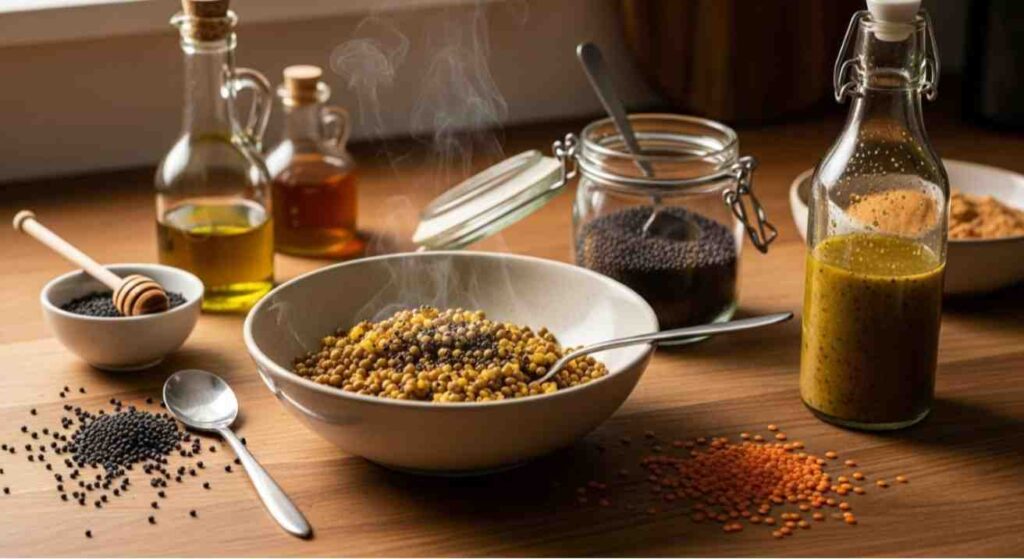 Quick and healthy meal ideas showing how to eat mustard seeds in tempered lentils, pickled mustard seeds, and homemade mustard seed salad dressing.