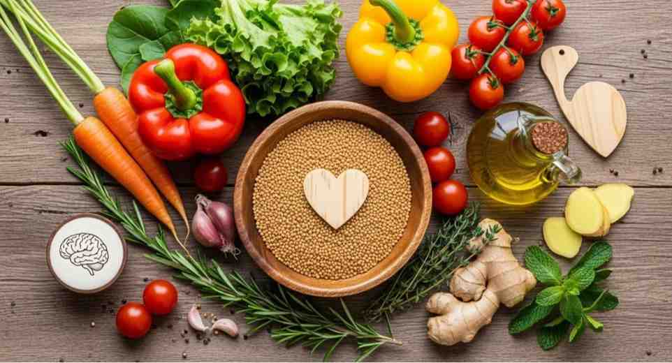 Healthy ingredients with mustard seeds highlighting how to eat mustard seeds for digestion, heart health, and overall wellness.