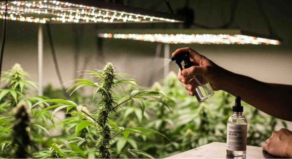 Grower spraying cannabis branch with colloidal silver to form pollen sacs — how to feminize seeds using colloidal silver safely and effectively.